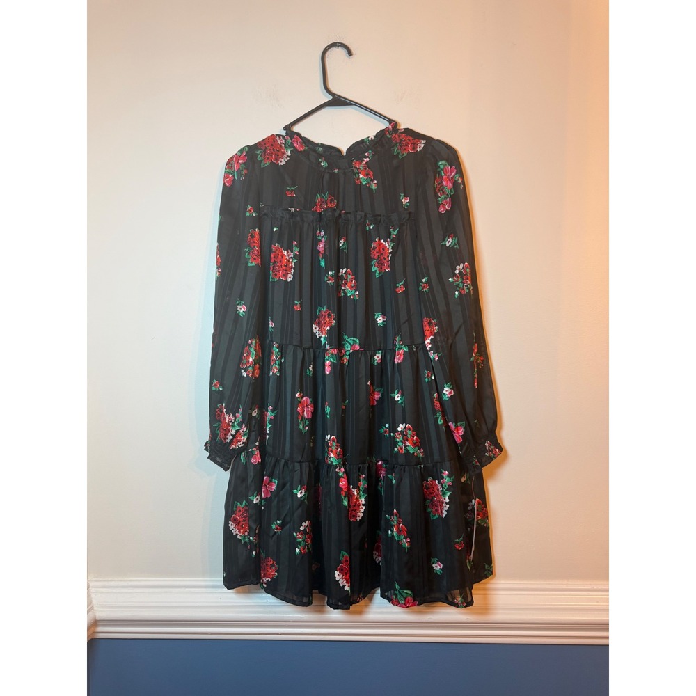 Cat & Jack Tiered Dress Kids XL 14 Plus Black Floral Stripe Long Sleeve Ruffle